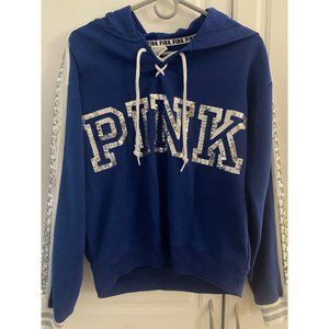 Pink by Victoria Secret Blue sparkle hoodie lace up sweater size small